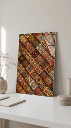 Vintage Toprak Tonları Geometrik Mozaik Desenli Cam Tablo | Vitraum
