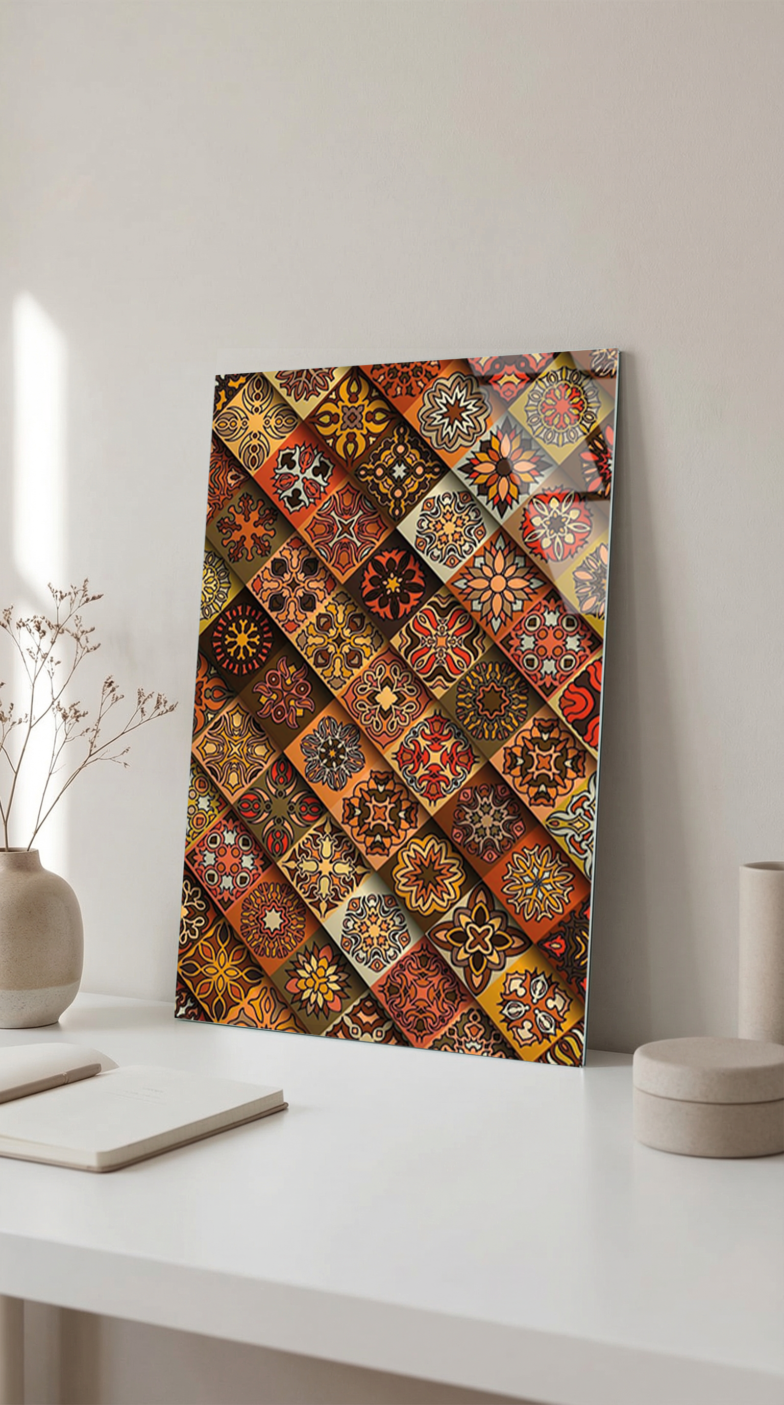 Vintage Toprak Tonları Geometrik Mozaik Desenli Cam Tablo | Vitraum