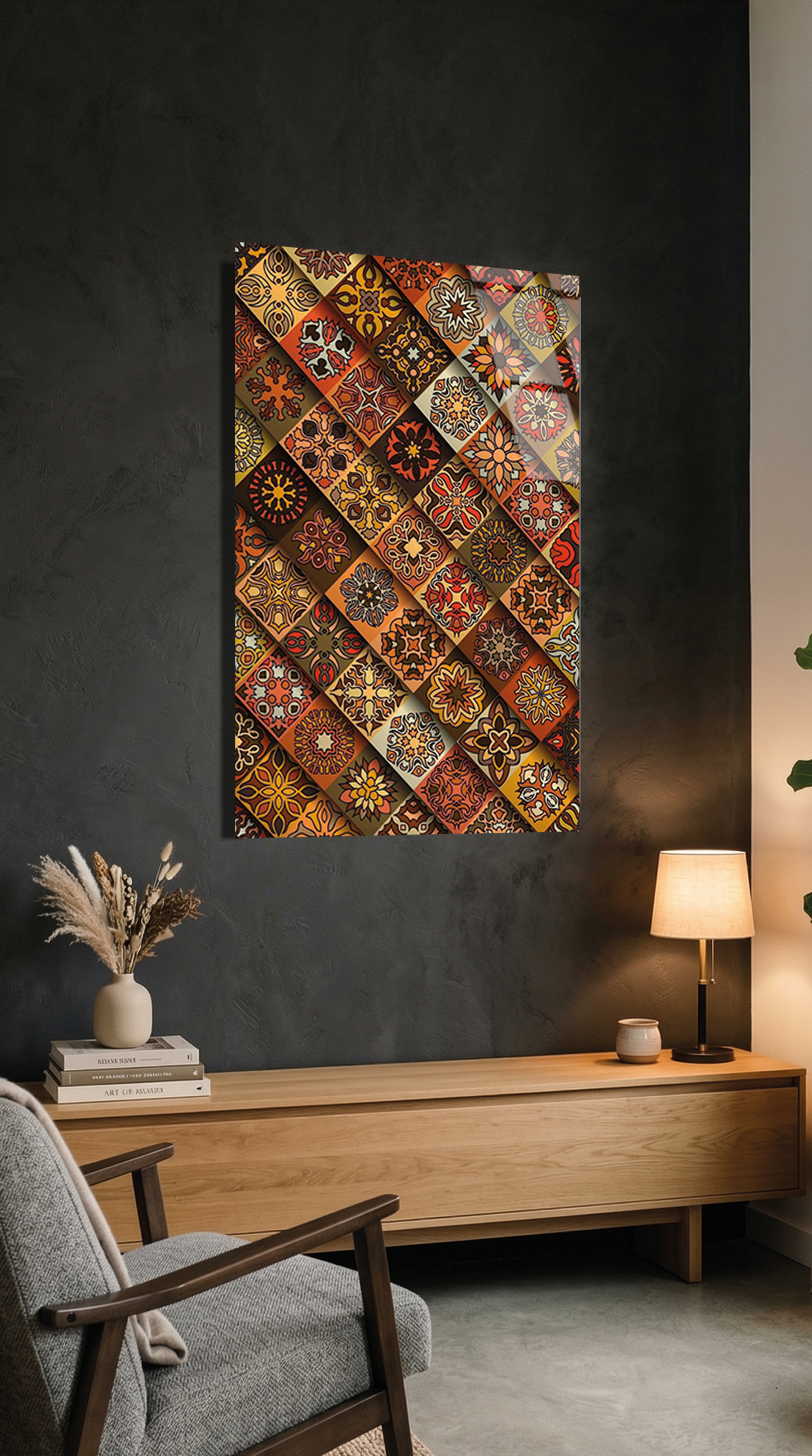 Vintage Toprak Tonları Geometrik Mozaik Desenli Cam Tablo | Vitraum