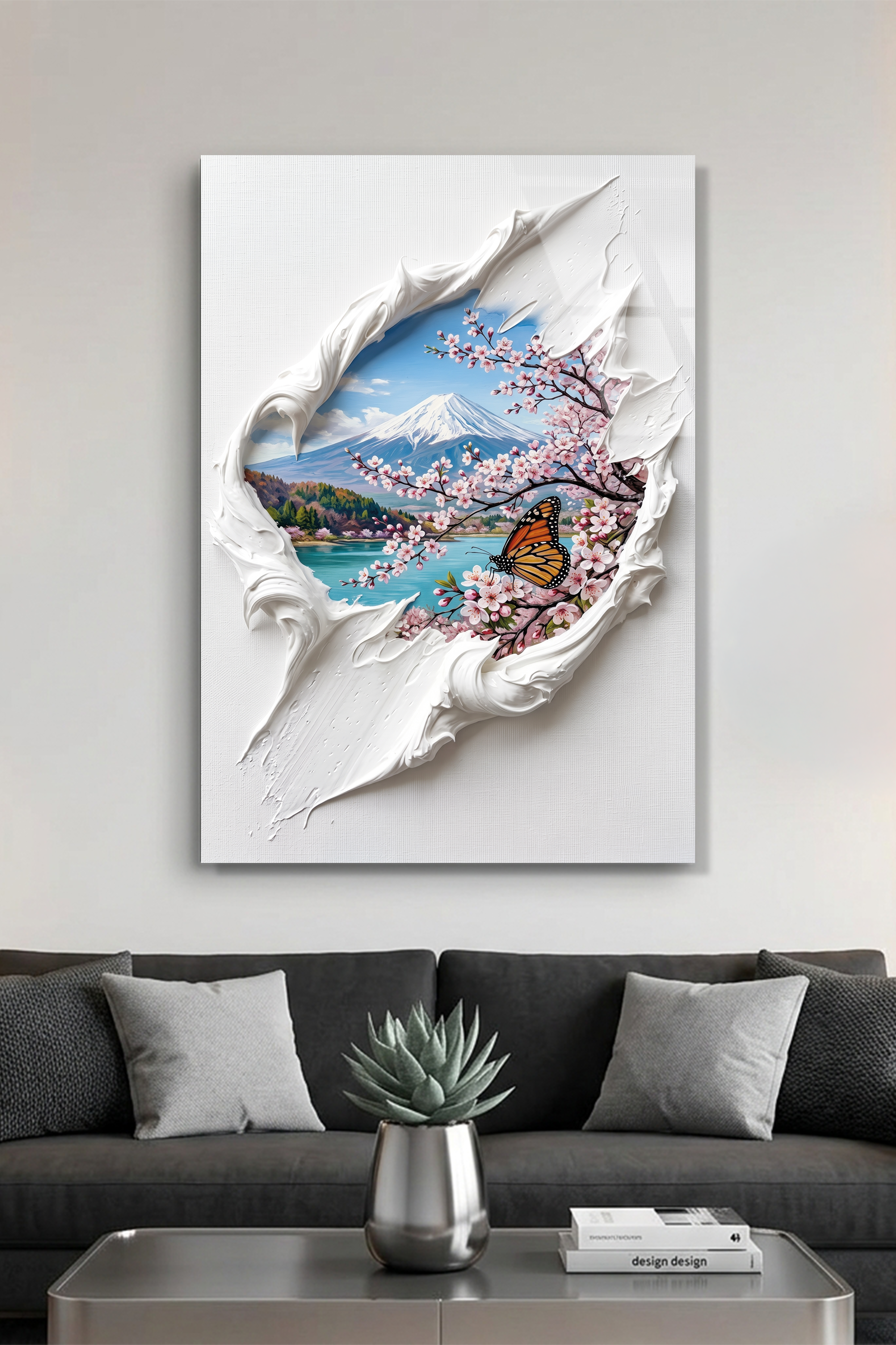 Yağlı Boya Dokulu Fuji Dağı ve Kelebek Manzara Cam Tablo