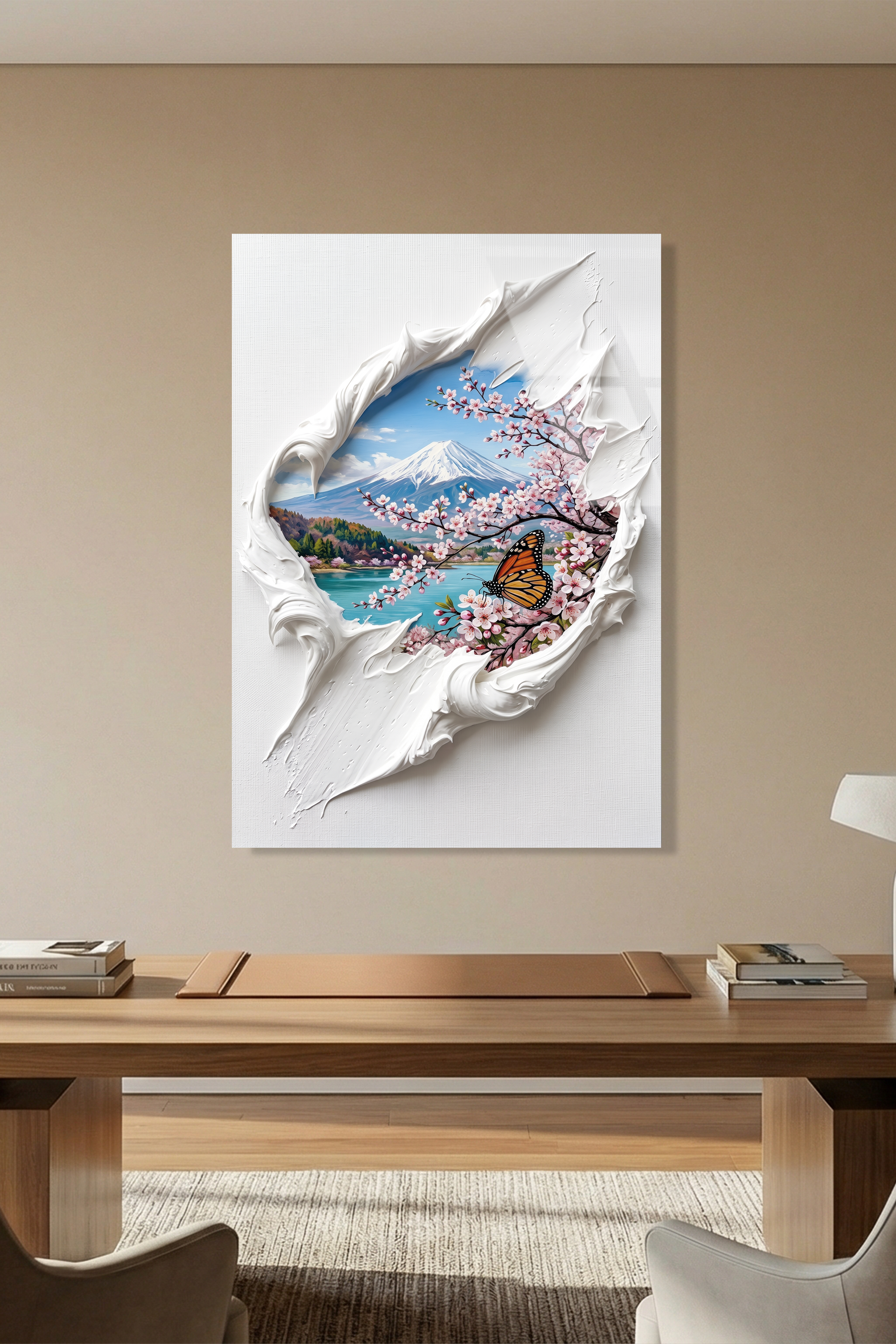 Yağlı Boya Dokulu Fuji Dağı ve Kelebek Manzara Cam Tablo
