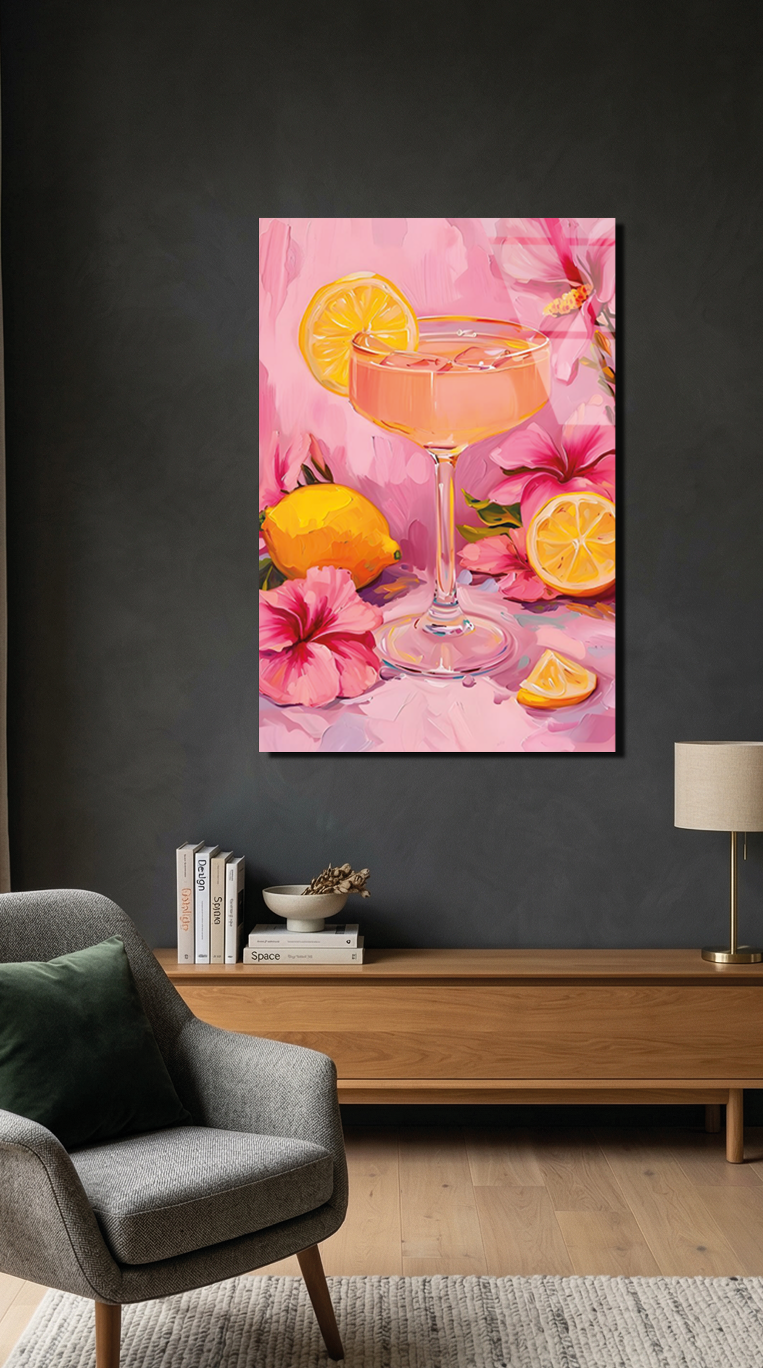 Yağlı Boya Dokulu Tropikal Kokteyl Temalı Cam Tablo – Oda Dekor Detayı