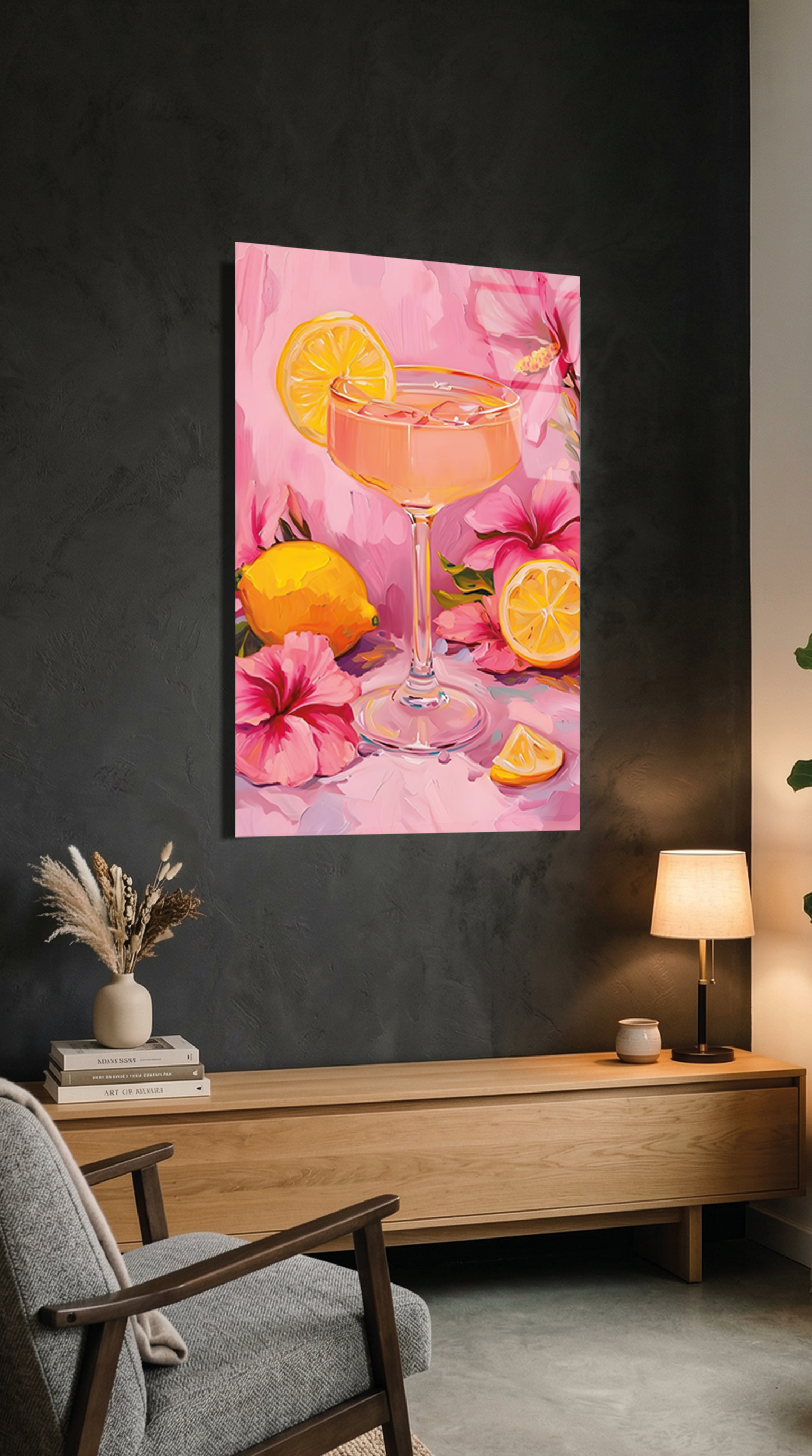 Yağlı Boya Dokulu Tropikal Kokteyl Temalı Cam Tablo – Ek Görsel