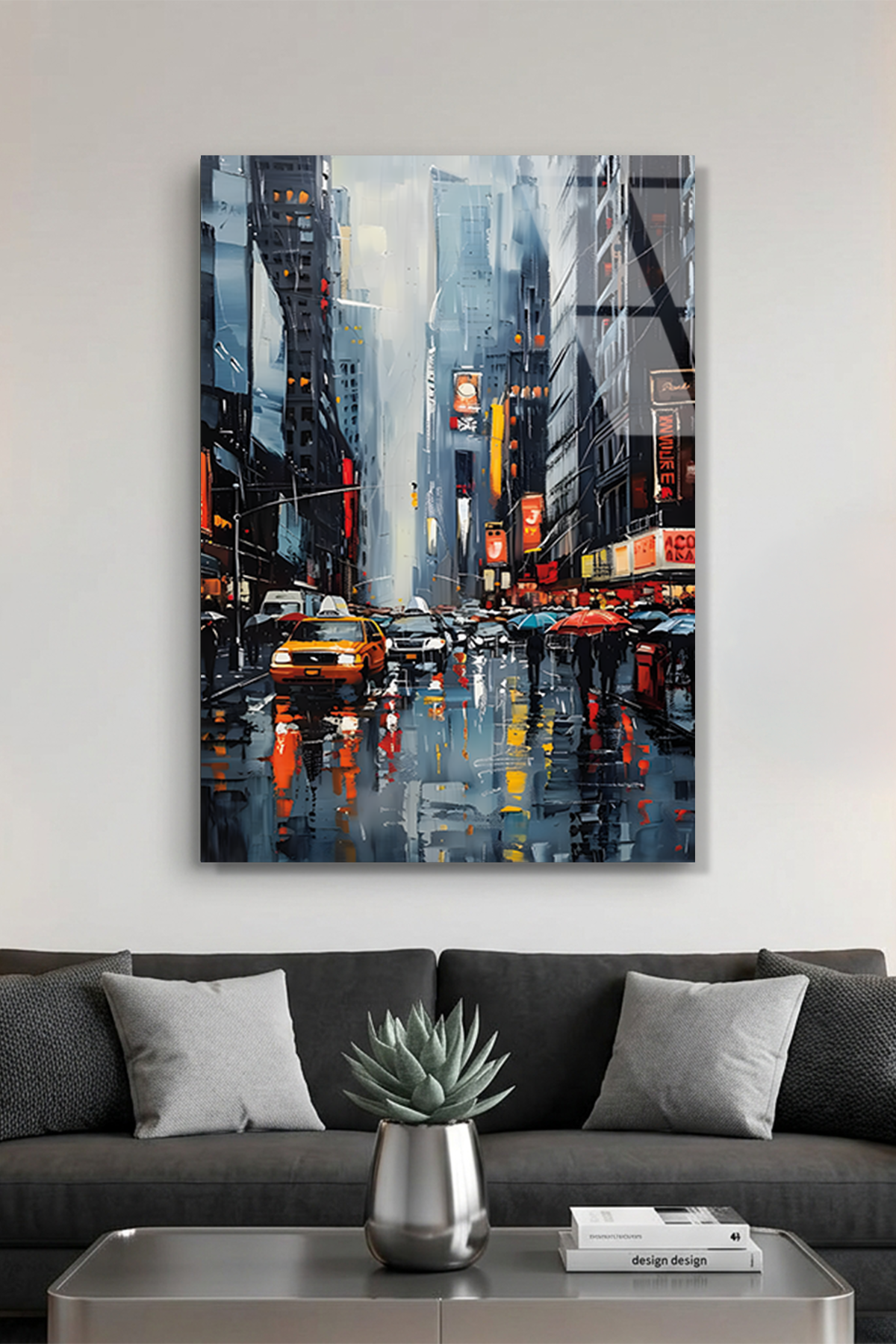 Yağmurlu New York Caddesi ve Sarı Taksiler Cam Tablo
