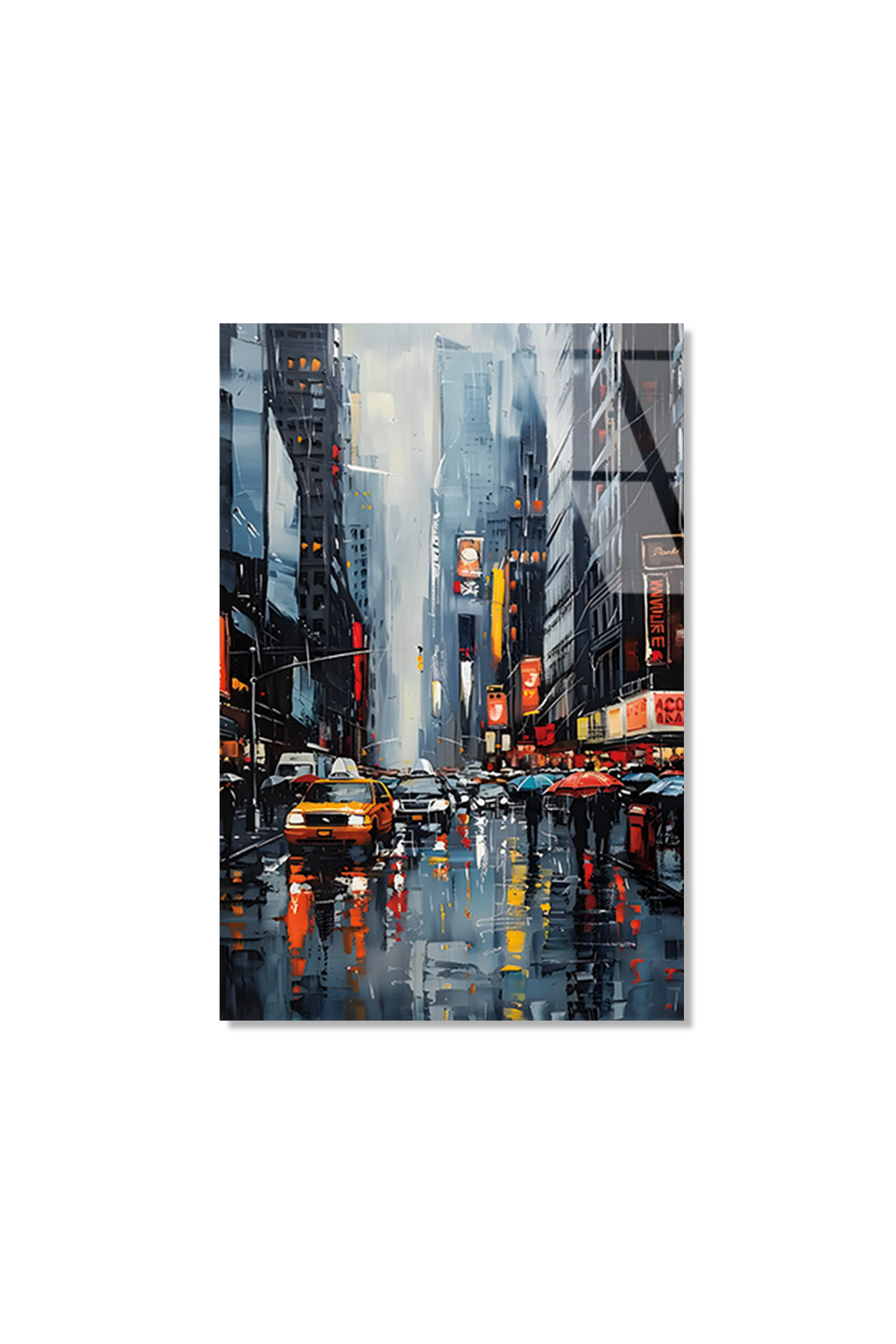Yağmurlu New York Caddesi ve Sarı Taksiler Cam Tablo