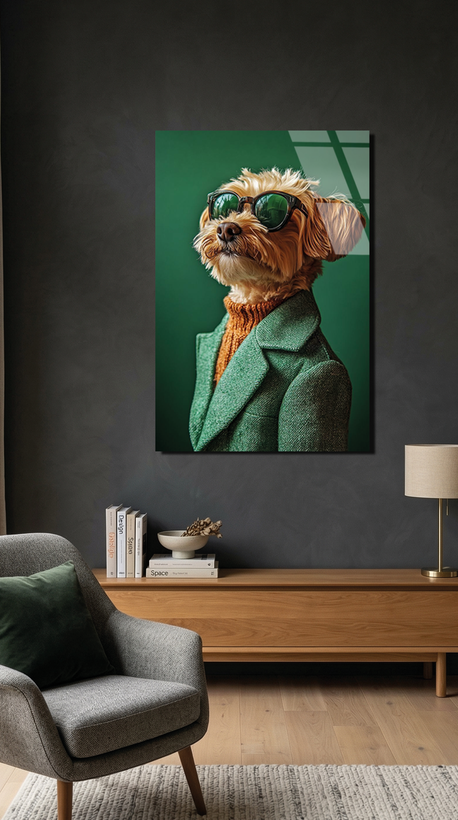 Yeşil Ceketli ve Gözlüklü Poodle Terrier Cam Tablo – Oda Dekor Detayı