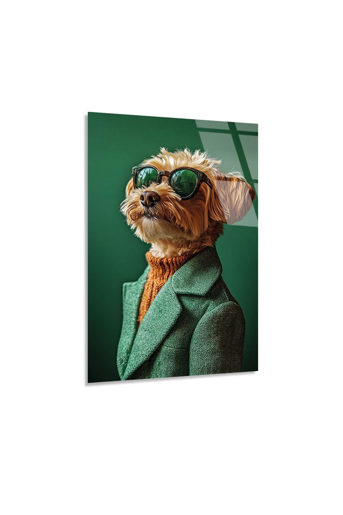 Yeşil Ceketli ve Gözlüklü Poodle Terrier Cam Tablo | Cam Tablo – Ürün Görseli