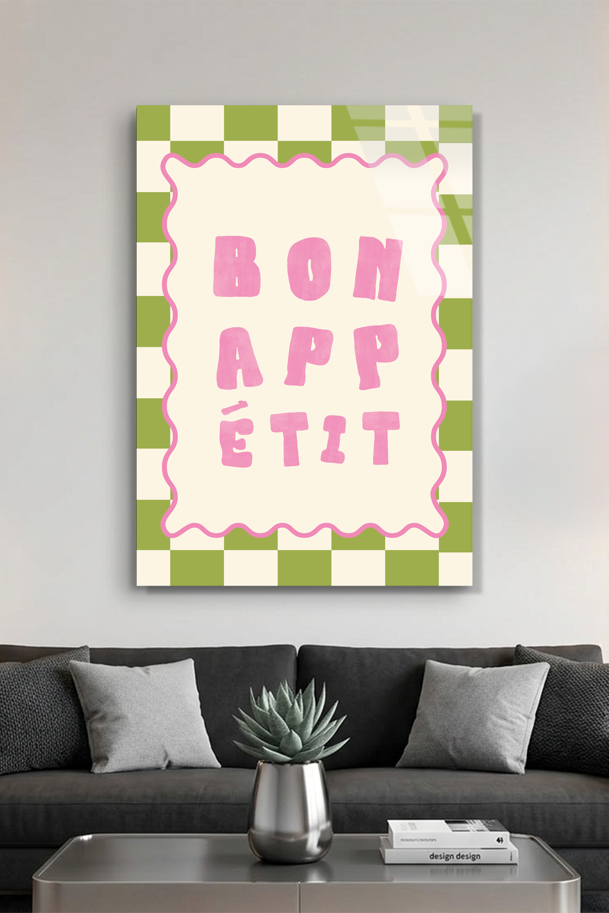 Yeşil Pembe Damalı "Bon Appetit" Mutfak Cam Tablo