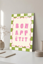 Yeşil Pembe Damalı "Bon Appetit" Mutfak Cam Tablo