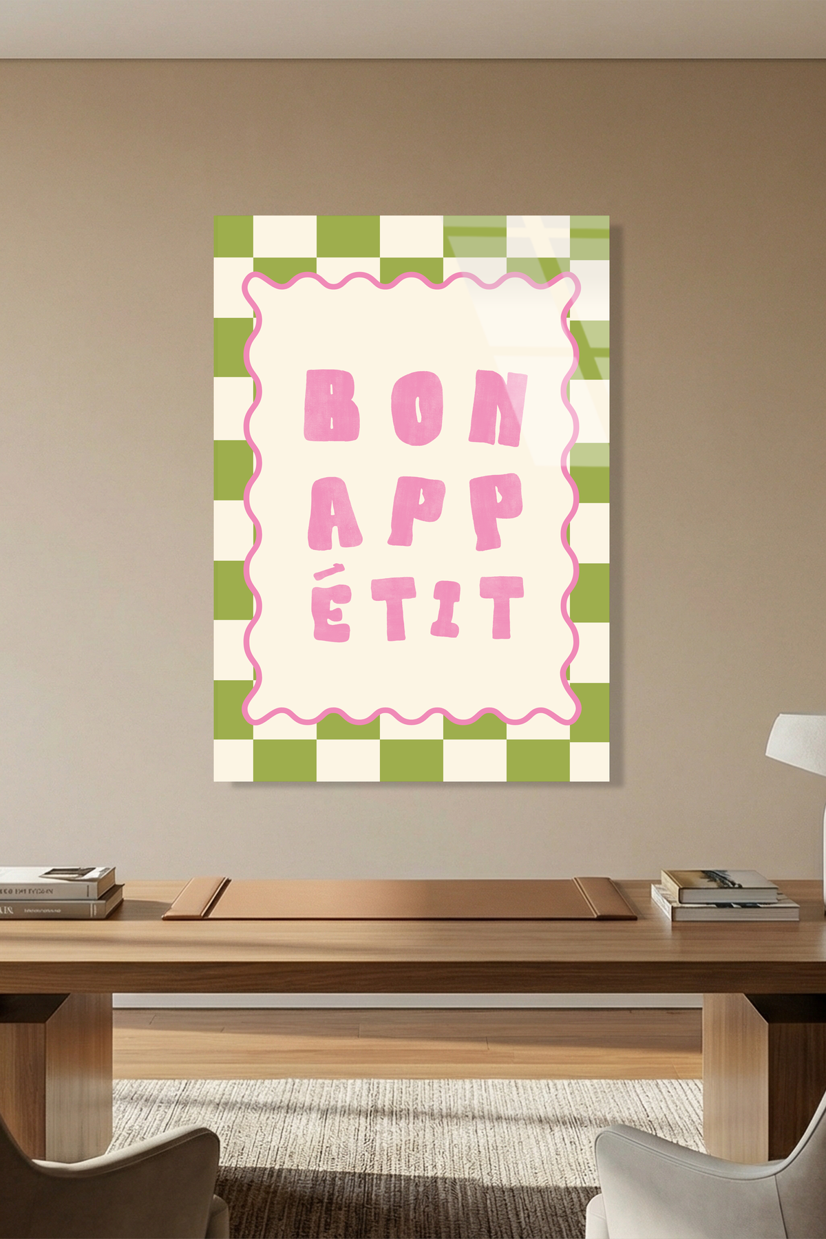 Yeşil Pembe Damalı "Bon Appetit" Mutfak Cam Tablo