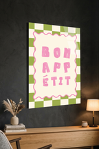 Yeşil Pembe Damalı "Bon Appetit" Mutfak Cam Tablo