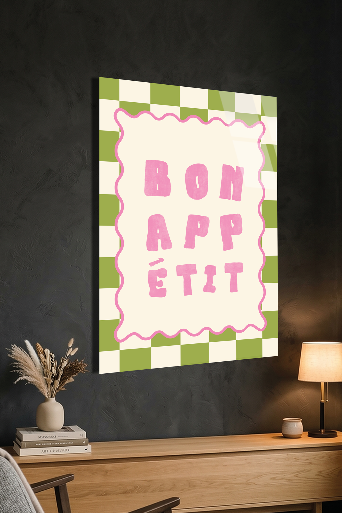 Yeşil Pembe Damalı "Bon Appetit" Mutfak Cam Tablo