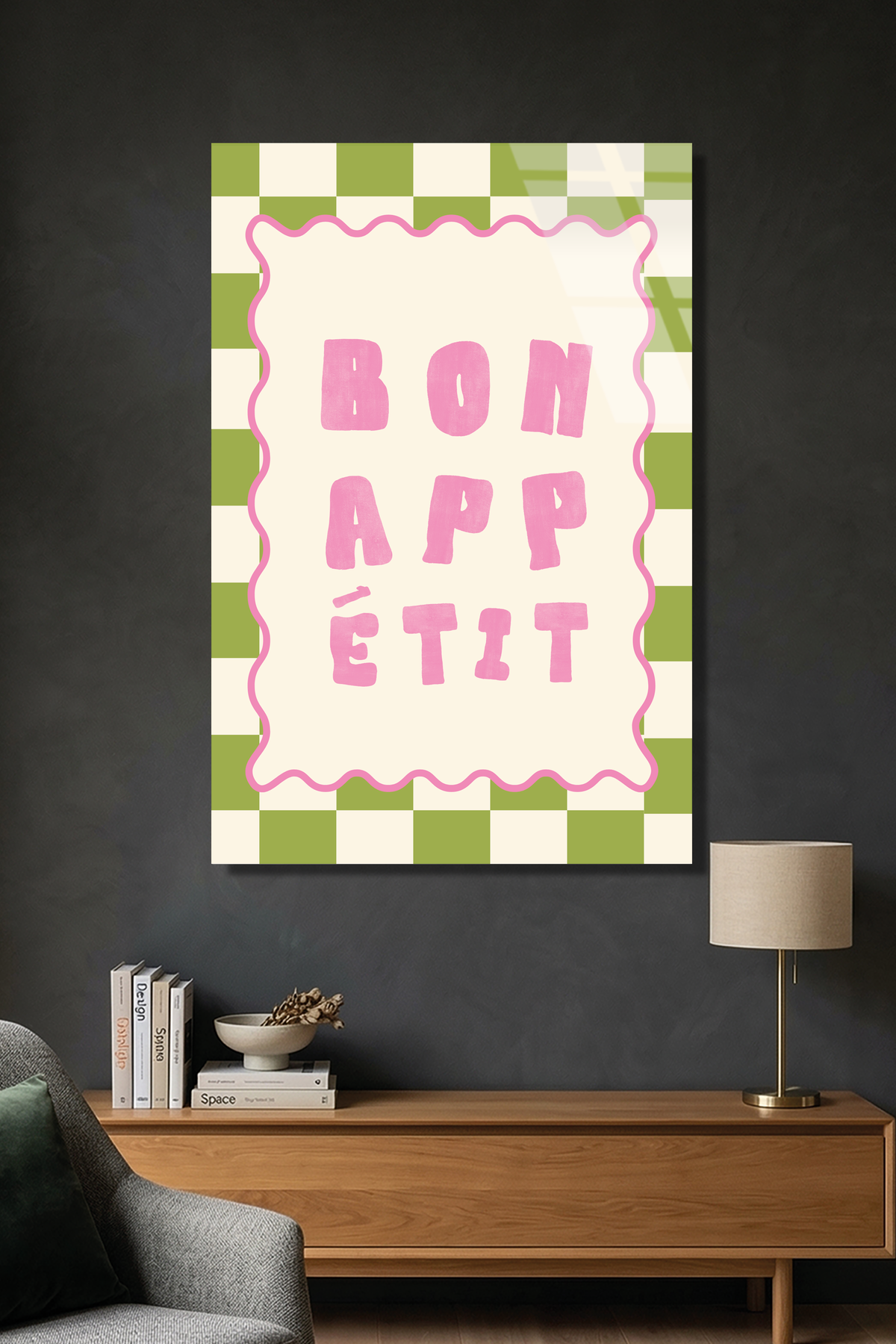 Yeşil Pembe Damalı "Bon Appetit" Mutfak Cam Tablo